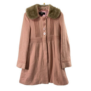 Vintage Coffee Shop Coat Womens Medium Pink Wool Blend Removable Faux Fur Collar